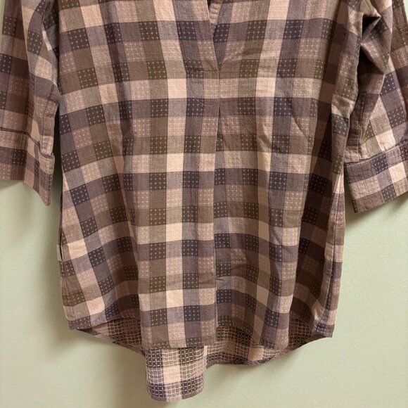 Language of the Birds Women Linen Top Size S Brown Plaid Stitched Lagenlook Boho - Picture 3 of 12